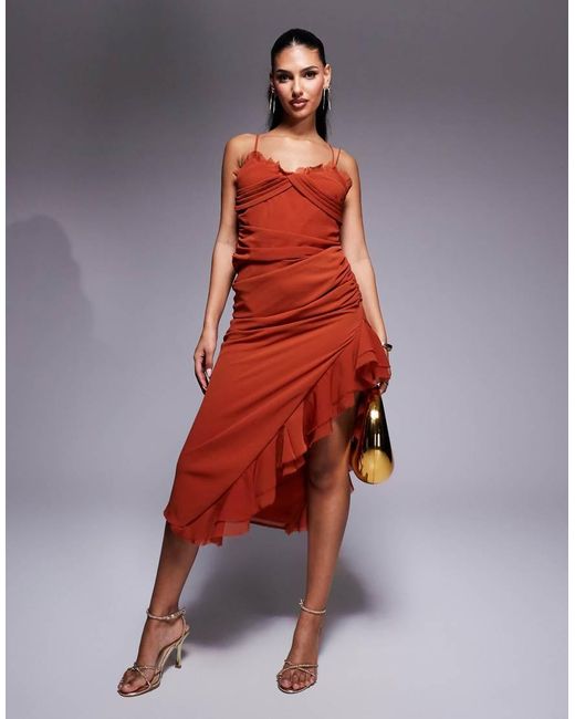ASOS Red Draped Crinkle Maxi Dress With Ruffles And Strappy Details