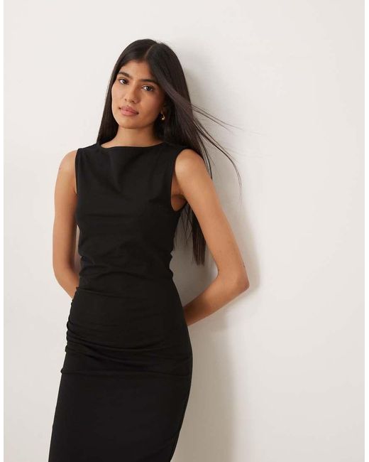 ASOS Black Ruched Side Midi Dress With Slash Neck
