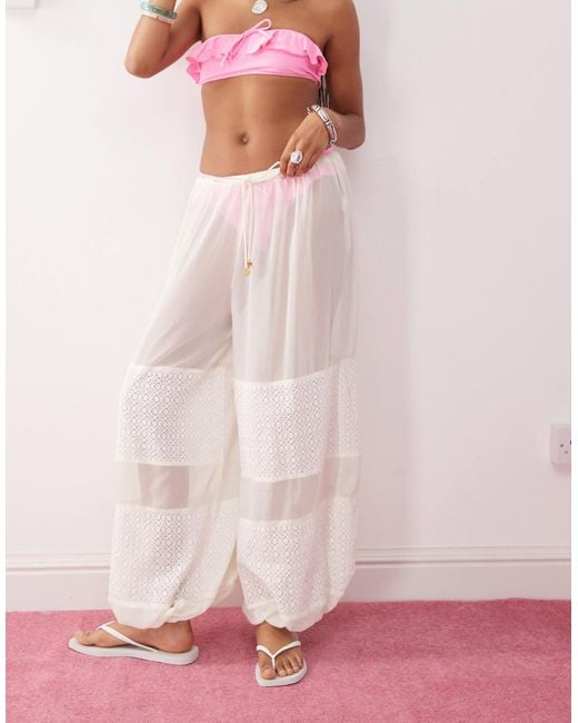 Reclaimed (vintage) Pink Pull On Balloon Beach Trouser With Lace Inserts And Adjustable Ties