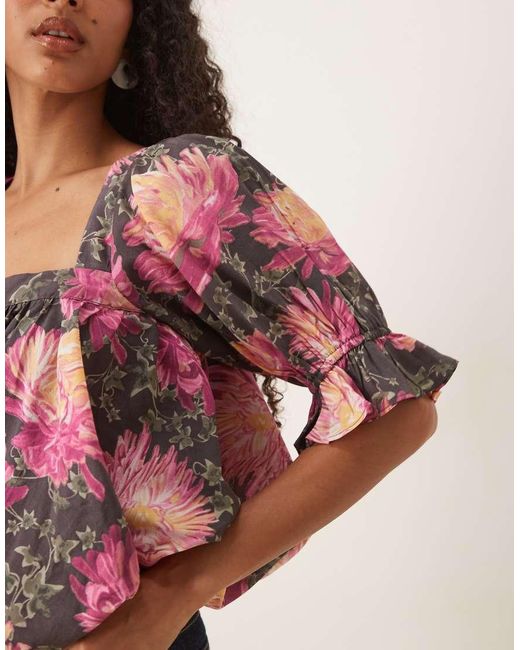 Blusa A Fiori Con Maniche A Sbuffo E Scollo Squadrato di ASOS in Pink