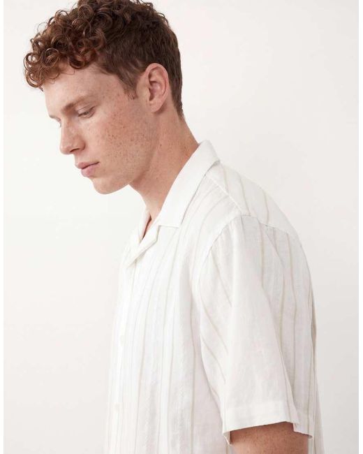 Jack & Jones White Premium Linen Blend Short Sleeve Shirt With Green Stripes for men