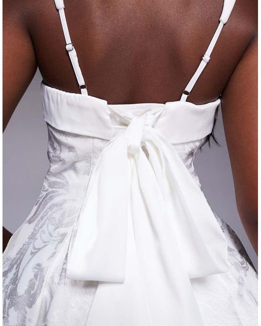 Murci White Satin Jacquard Square Neck Bow Back Mini Dress