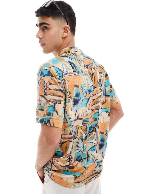 ASOS Blue Relaxed Revere Shirt With Vintage Abstract Hawaiian Print for men