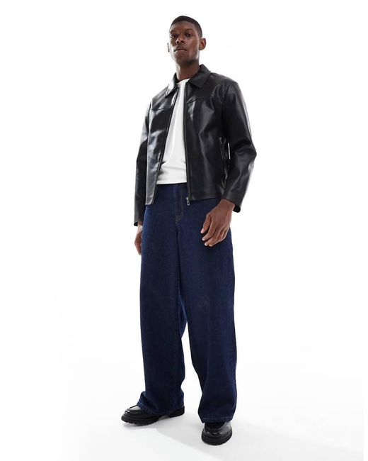 Only & Sons Blue Faux Leather Harrington Jacket for men