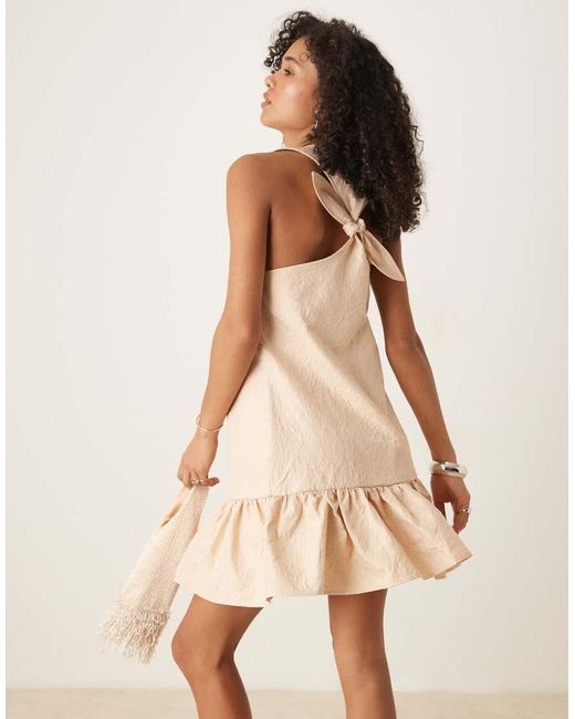 Ghospell Natural Ruffle Hem Jacquard Mini Dress