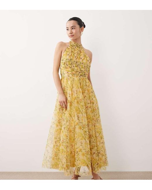 LACE & BEADS Metallic Tulle High Neck Midi Dress
