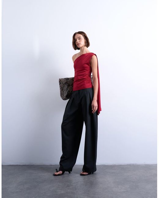 TOPSHOP Red One Shoulder Cape Detail Top