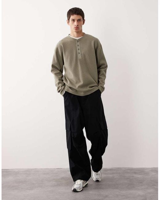 ASOS COLLECTIVE Natural Oversized Heavyweight Henley Waffle Long Sleeve T-shirt for men