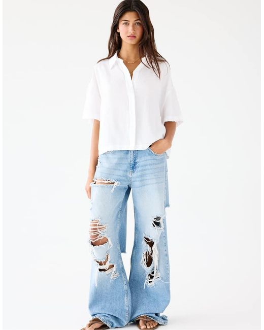 Camicia Stile Rustico A Maniche Corte Bianca di Pull&Bear in White