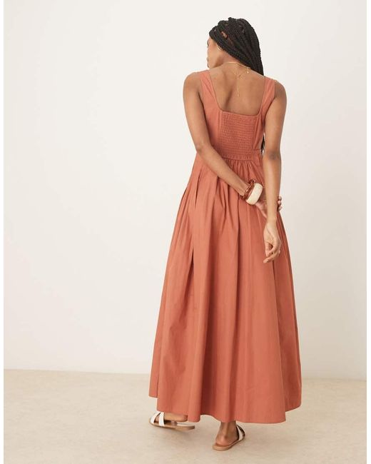 ASOS Brown Scoop Neck Pleated Waist Midi Sundress