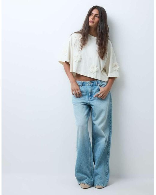 Miss Selfridge Blue Cropped Boxy T-shirt With 3d Flowers