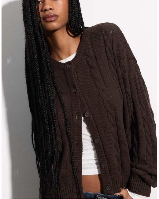 Stradivarius Black Buttoned Cable-knit Cardigan