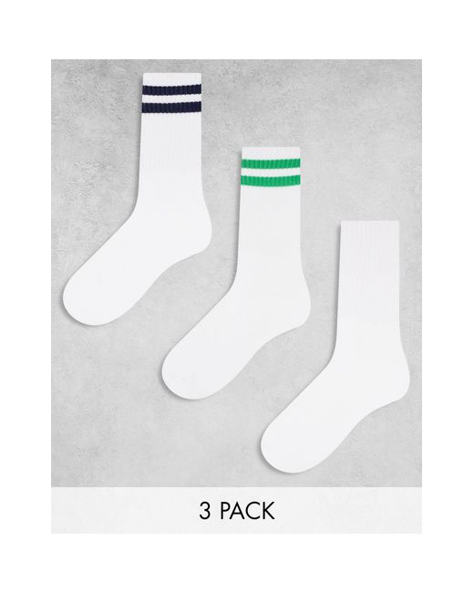 Sport core - confezione da 3 paia di calzini bianchi e con righe verdi e blu navy di Pieces in White
