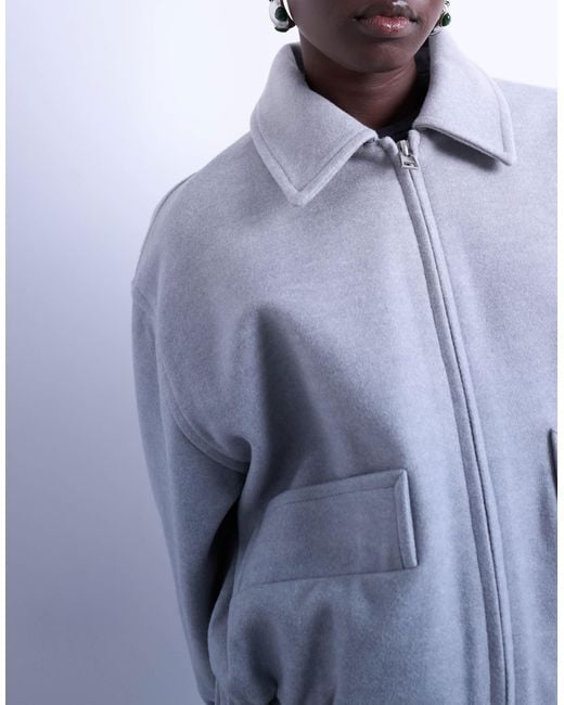 TOPSHOP Gray Clean Cropped Quilted Lined Bomber Jacket With Wool