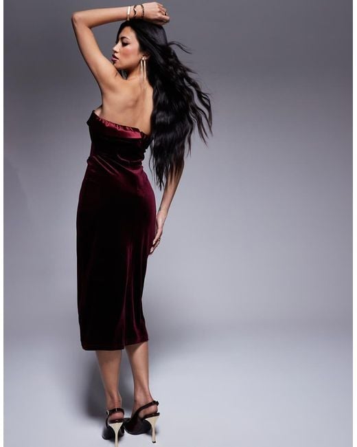 In The Style Black Velvet Bandeau Midi Dress With Contrast Satin Foldover Detail