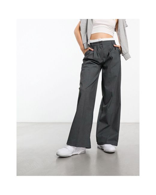 Bershka Boxer Waistband Wide Leg Tailored Trousers in Gray | Lyst