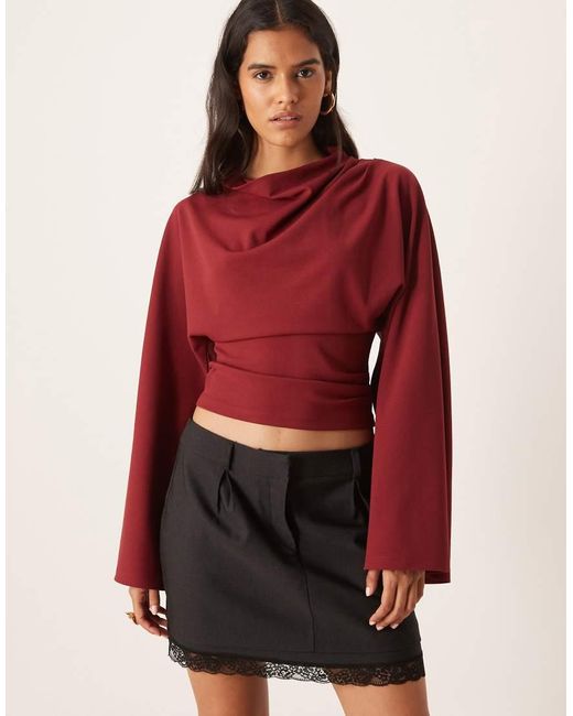 Gina Tricot Red Long Sleeve Drapey Wide Sleeve Top