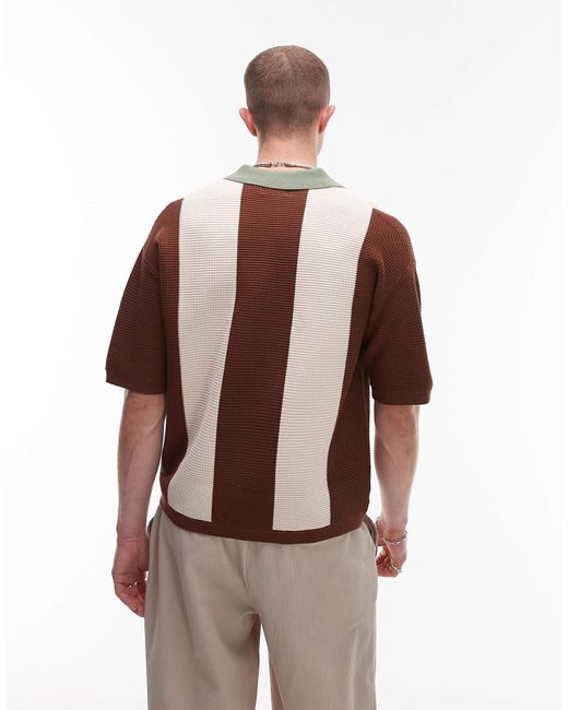 Topman Brown Colour Block Knitted Revere Polo for men