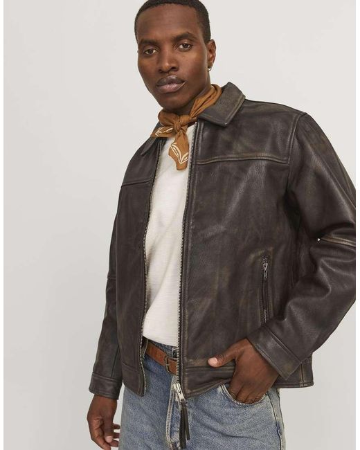 Jack & Jones Brown Leather Jacket for men