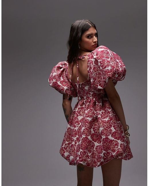 & Other Stories Pink Brocade Mini Dress With Statement Puff Sleeves And Deep Back
