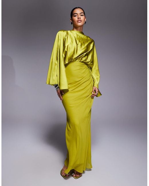 ASOS Yellow Flared Sleeve Satin And Chiffon Mix Maxi Dress With Draped Skirt