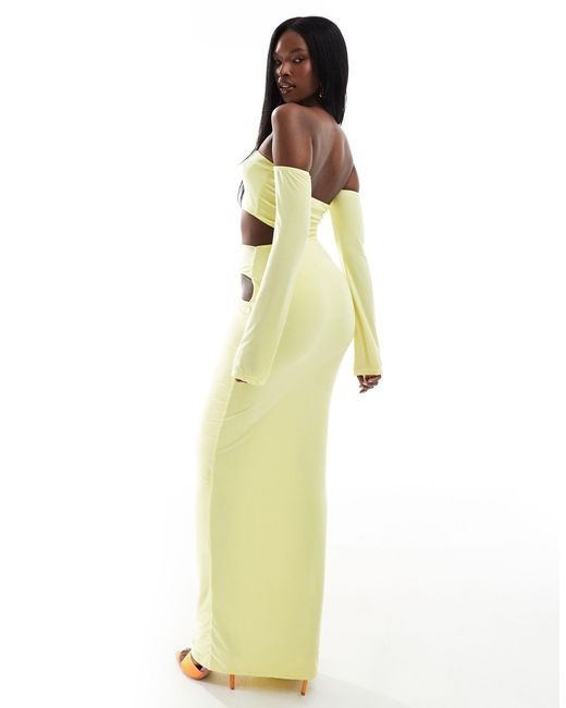 ASOS Metallic Long Sleeve Bardot Maxi Dress With Side Cut Out Detail