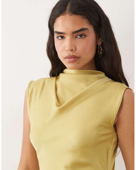 ASOS Natural Satin High Neck Pleated Bodice Midi Dress