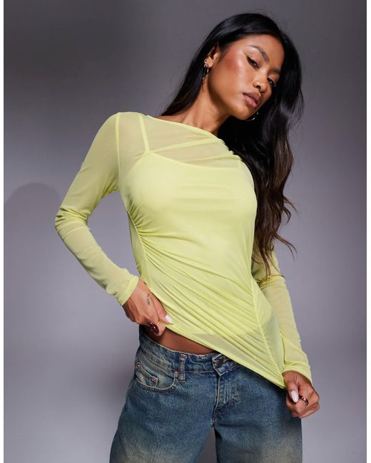 River Island Yellow Slash Neck Ruched Mesh Top