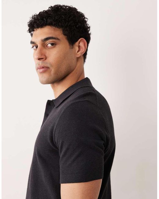 Mango Black Knitted Button Down Short Sleeve Polo Shirt for men
