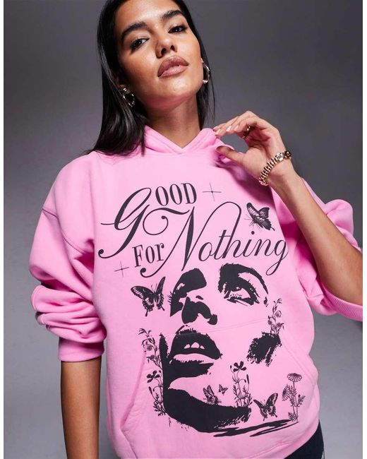 Good For Nothing Pink Contrast Print Relaxed Hoodie