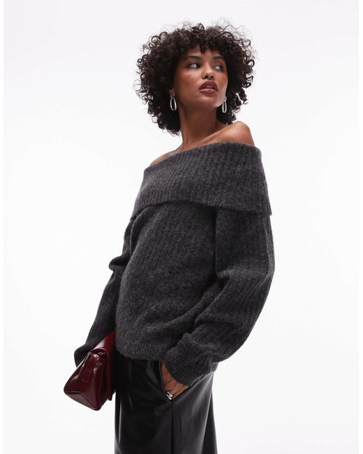 ARKET Gray Alpaca Wool Blend Sweater With Fold Over Off Shoulder