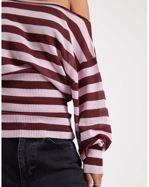 Collusion Red Off Shoulder Stripe Sheer Shimmer Top