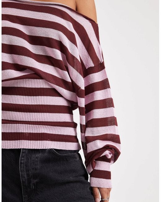 Collusion Red Off Shoulder Stripe Sheer Shimmer Top