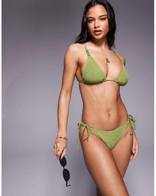 ASOS Green Laurie Textured Tie Side Bikini Bottom With Chain Link Detail