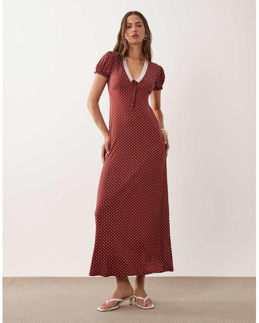 Miss Selfridge Red V-Neck Maxi Tea Dress With Lace Trim