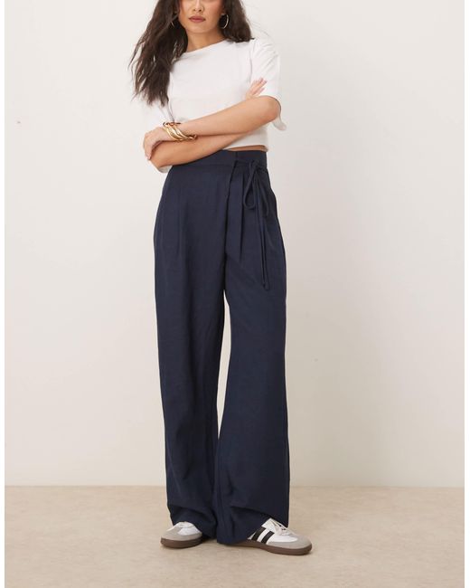 ASOS Blue Tailored Wrap Tie Trousers With Linen