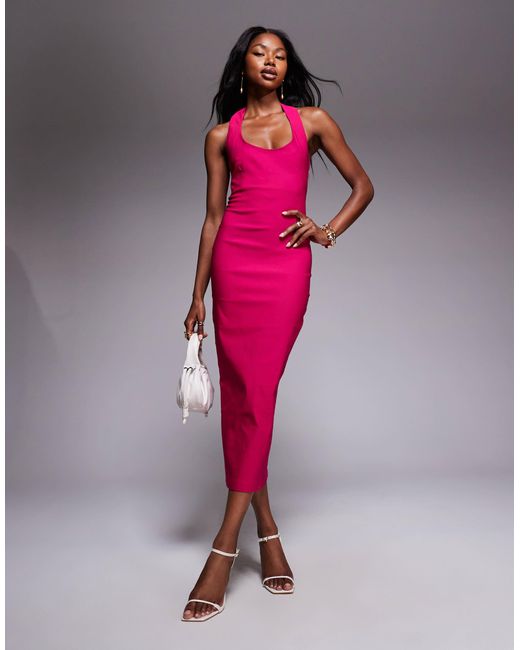 Vesper Bengaline Scoop Neck Halterneck Bodycon Midaxi Dress in Pink | Lyst