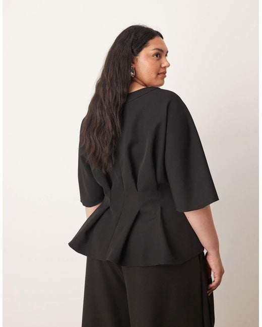 ARRANGE Black Curve Pleat Waist Short Sleeve Top