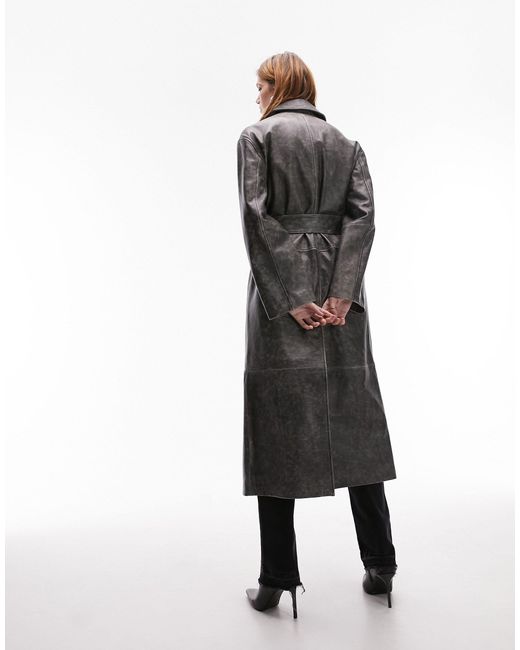 TOPSHOP Black Real Leather Washed Effect Trench Coat