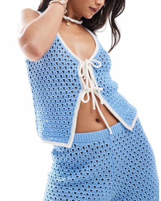 ASOS Blue Tie Front Knit Beach Top With Contrast Trim