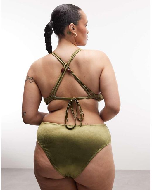 ASOS Green Asos Design Curve Keira High Shine High Apex Triangle Bikini Top With Strappy Back And Bead Detail