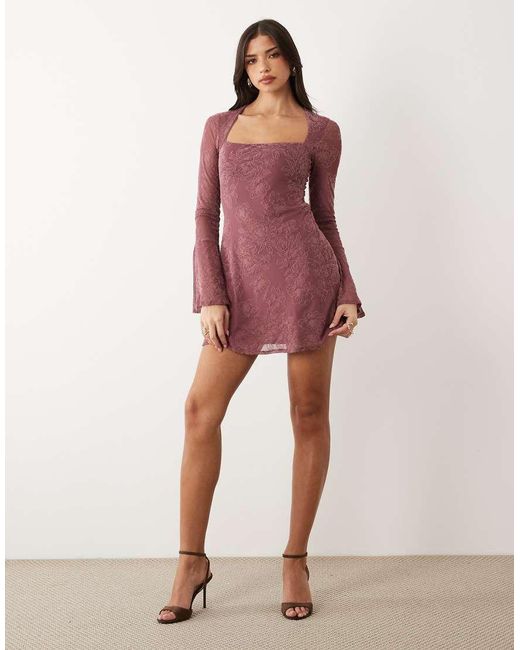 ASOS Brown Flocked Open Square Neck Mini Dress With Flute Sleeve Detail