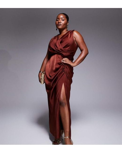 ASOS Red Asos Design Curve Satin Drape Front Split Detail Maxi Dress
