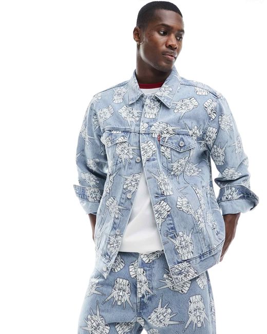 X gundam collab - starfighter - veste camionneur en jean imprimée sur l'ensemble - clair délavé Levi's pour homme en coloris Blue