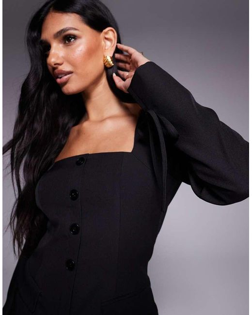 Kaiia Blue Exclusive Square Neck Bow Cuff Detail Tailored Blazer Mini Dress