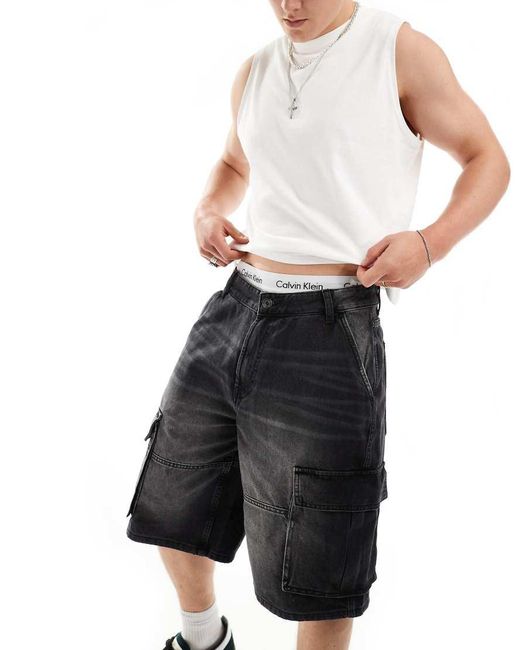 Bershka Black Denim Cargo Short for men