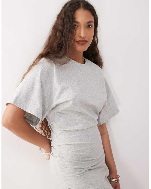 Vestido Largo Gris Jaspeado Con Detalle Fruncido En El Lateral De Punto Liso De Weekday de color White