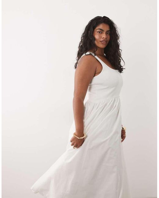 ASOS White Asos Design Curve Scoop Ribbed Bodice With Poplin Skirt Midi Dress
