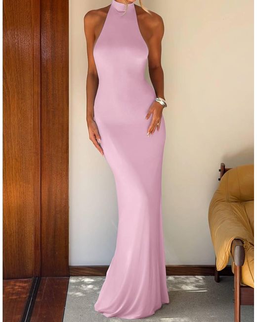 Tiger Mist Pink X Em Venz Maddy High Racer Halterneck Open Back Drape Detail Maxi Dress