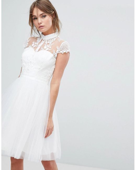 Chi Chi London White Mini Tulle Skater Dress With Lace Collar